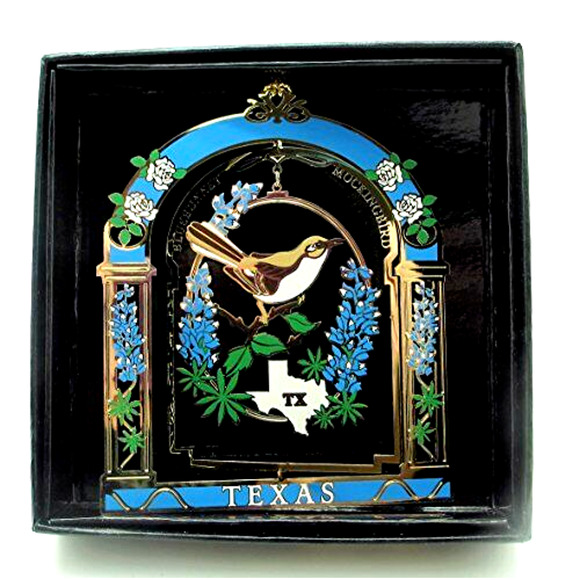 Texas State Bird Flower Ornament Colored Brass Bluebonnets Mockingbird - Picture 1 of 6